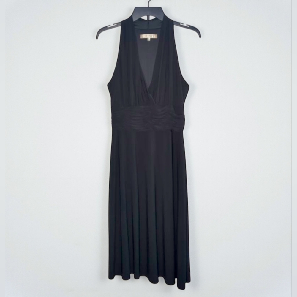 Evan Picone Black Halter Top Dress Ruching at Waist A Line  Size 10